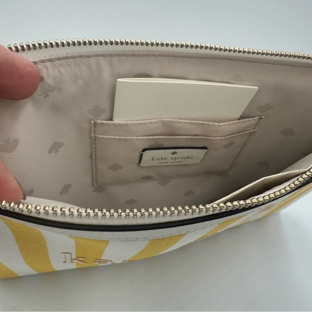 Kate Spade Street Striped Printed Yellow and White Canvas Clutch Zip Pouch NWT - Picture 4 of 8